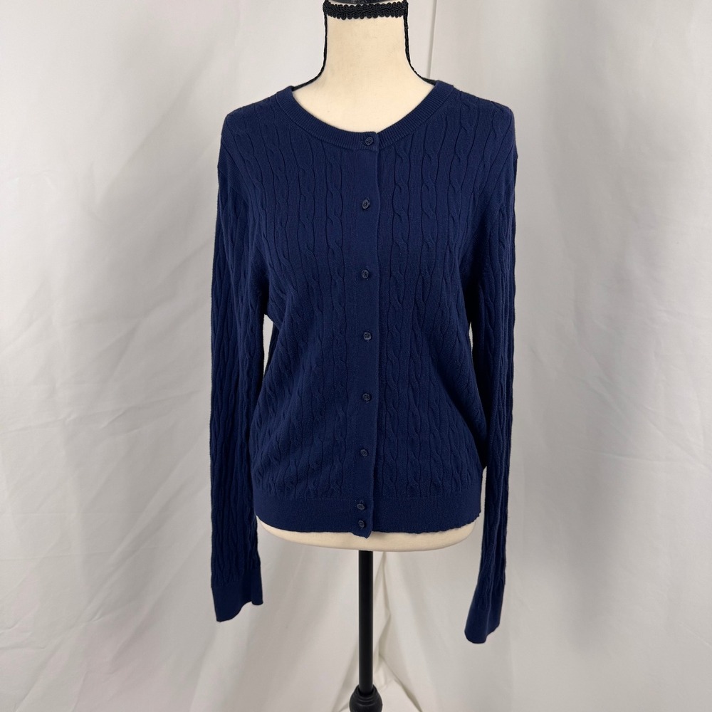 J.Crew Cardigan Women Large Navy Blue Cable Knit 100% Cotton Button Front